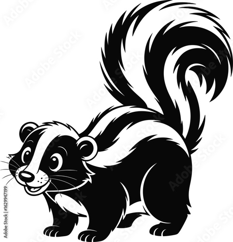 Black and white cartoon skunk with bushy tail animal