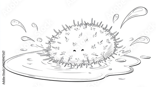 Cute cartoon sea urchin in water splash
