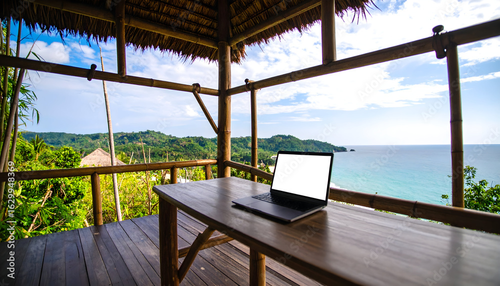 Fototapeta premium Laptop on deck overlooking tropical ocean view for remote work and vacation