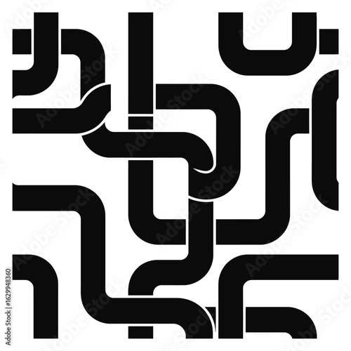 Intricate black and white intertwined pipe network abstract design