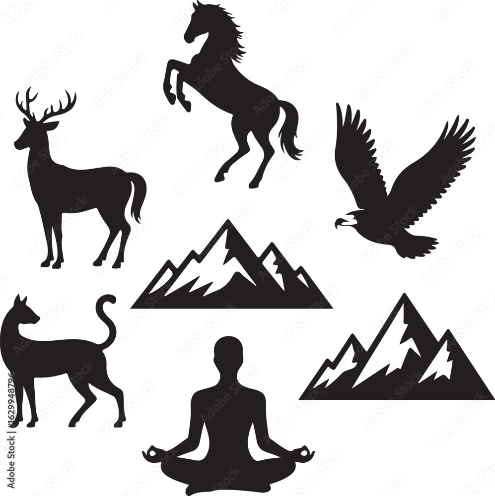 Fototapeta premium vector illustration of a horse deer mountain eagle and man yoga white background