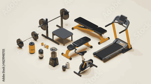 Isometric gym equipment collection with weights and machines barbell.eps