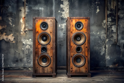 Two vintage wooden speakers with multiple drivers stand against a distressed concrete wall, evoking a sense of retro audio