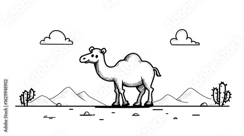 Simple black and white camel drawing in desert landscape