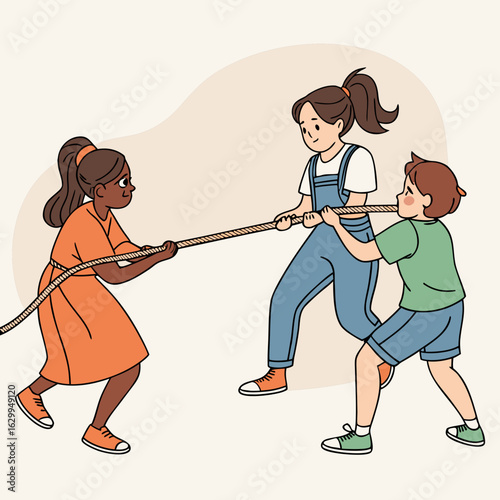 Children tug of war game illustration showing outdoor fun teamwork and friendly competition
