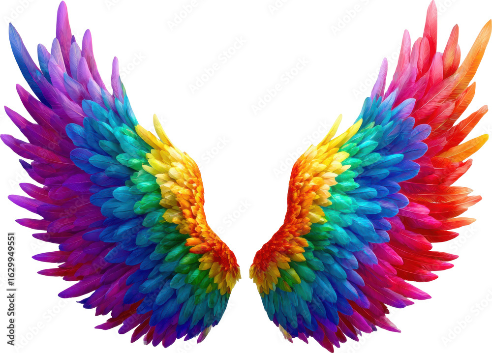 Obraz premium Vibrant rainbow angel wings with detailed feathers isolated on transparent background