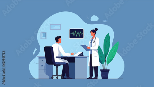 Vector illustration of doctors consulting in a medical clinic office with an EKG monitor.