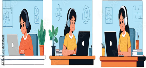 Set of vector illustrations showing a girl with headphones in an online class. E-learning and remote education concept.