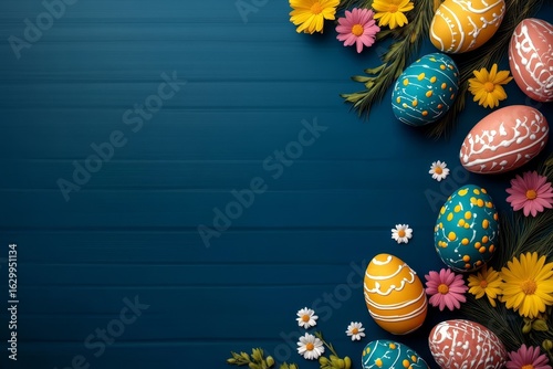 Colorful Easter Egg Display Surrounded by Fresh Spring Flowers on a Rustic Blue Wooden Background