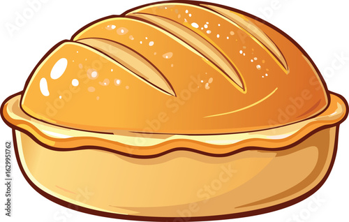 Golden-brown loaf of bread, freshly baked in a crusty round tin.