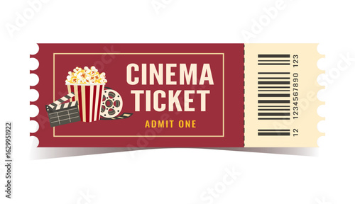 Vector cinema ticket isolated on white background. Cinema ticket with popcorn and clapperboard icons.
