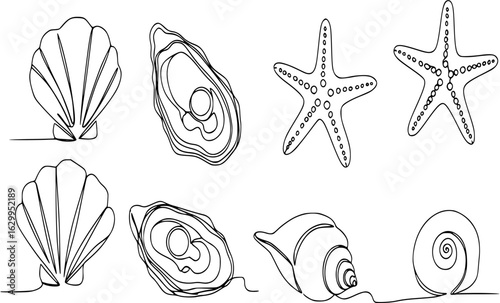 Set of seashells and starfishes. Continuous one line drawing of oyster mollusk with pearl corral and snail shells in simple linear style. Modern minimalist outline icon. Doodle Vector illustration