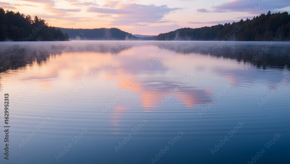 Fototapeta premium Serene Sunrise Lake: Misty Dawn Reflections, Calm Water, Peaceful Atmosphere.
