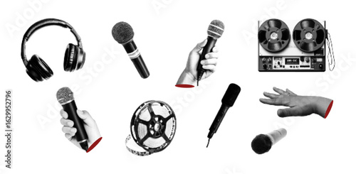 Halftone music elements set. Microphone in hand, voice recorder, MP3 player. Trendy modern retro vector illustration.