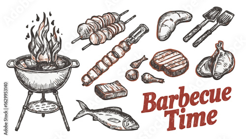 Hand-drawn vintage BBQ grill and food elements vector set for summer cookouts and restaurant design
