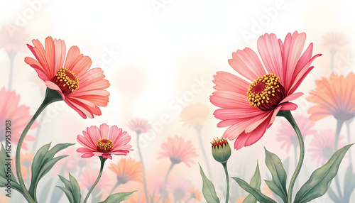 Watercolor Flower Garden with Pink and Orange Blooms