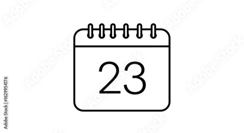 A simple black line art icon of a calendar page showing the date twenty-three on a white background.