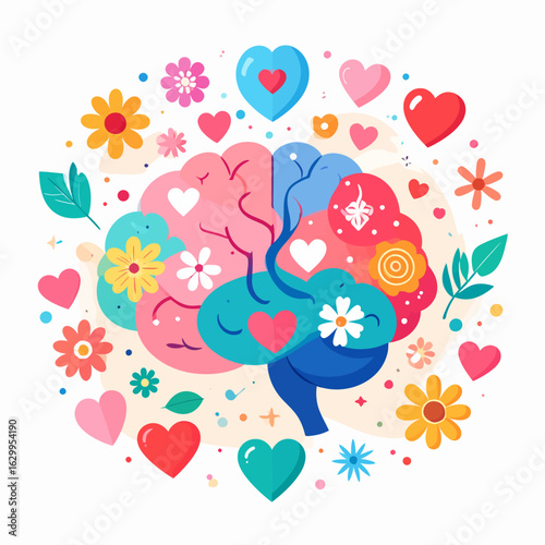 A colorful human brain surrounded by hearts and flowers, representing positive thinking, mental health, and self-care.