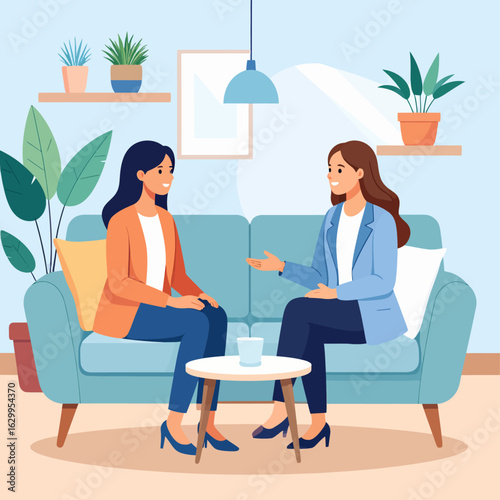 Two women in business attire engaging in a friendly conversation in a cozy living room setting.