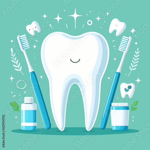 A cute cartoon illustration of a large smiling tooth surrounded by toothbrushes and dental hygiene products.