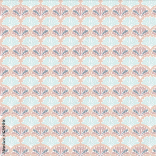 Seamless repeating pattern featuring stylized, symmetrical floral motifs resembling layered petals in soft pastel