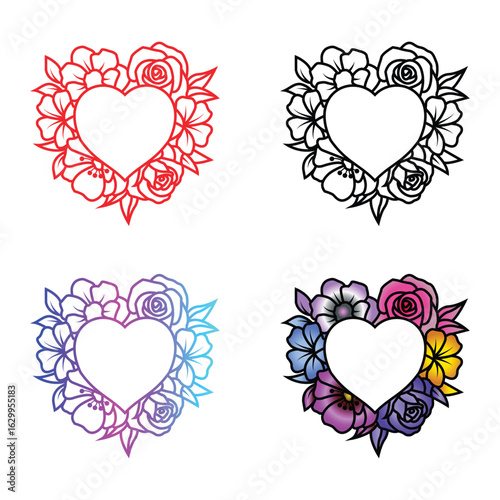 Floral heart arrangements red black purple and multicolor variations