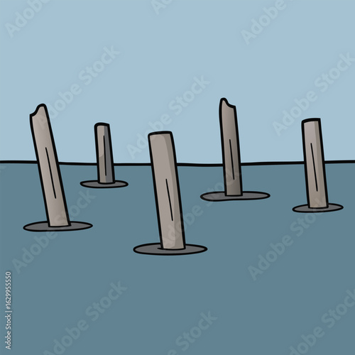 Vector art of wooden posts sticking out of the water on a clear day