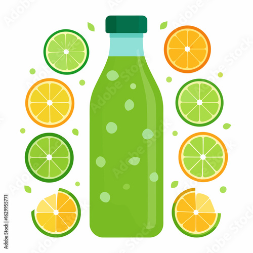 Illustration of a green smoothie or juice bottle surrounded by sliced oranges and limes on a white background.