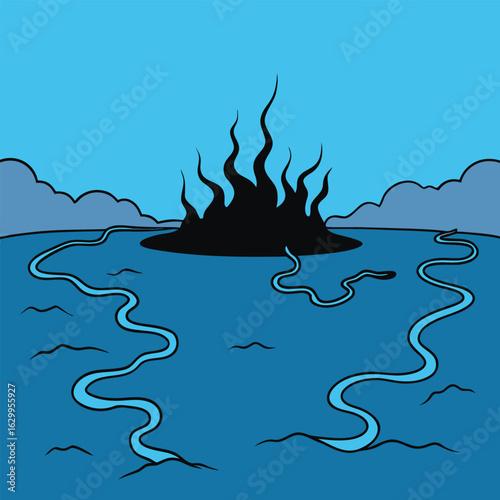 Vector art of a black silhouette of fire on the water with wavy lines and clouds