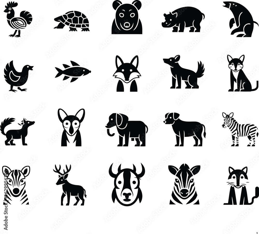 Fototapeta premium Collection of Twenty Animal Icons in Black and White Vector Format a Diverse Set of Animal Silhouettes