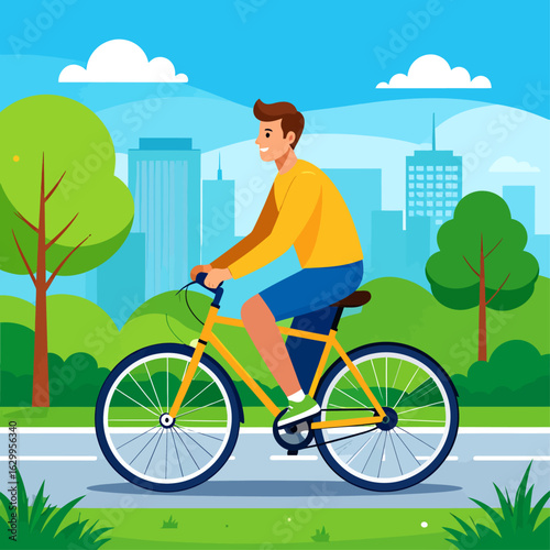 A man is riding a yellow bicycle on a path in a park with city buildings and trees in the background on a sunny day.