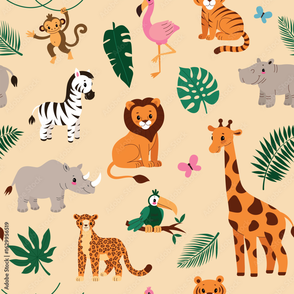 Naklejka premium African animals pattern for kids.Seamless pattern with safari animals,giraffe,monkey,lion,flamingo,cheetah,rhinoceros.Flat cartoon vector illustration