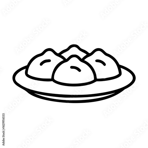 Plate of dumplings on a flat dish, simple line art design  