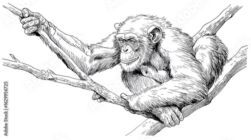 Detailed grayscale illustration of a chimpanzee resting in a tree