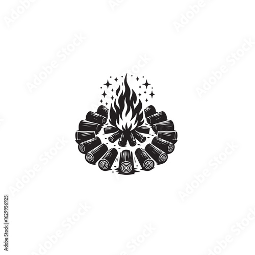Bold black silhouette vector of a classic campfire circle. black silhouette of campfire