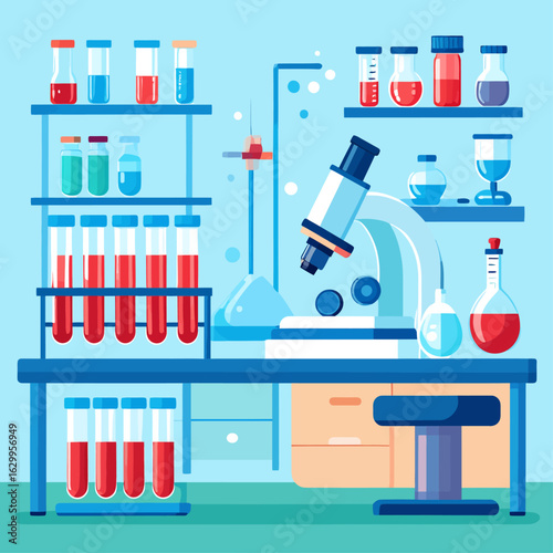 A vibrant illustration of a modern science laboratory with a microscope, test tubes, and various chemical glassware on a blue background.