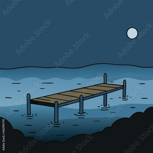 Vector art of a wooden dock extends into the calm water under the moonlight on a clear night