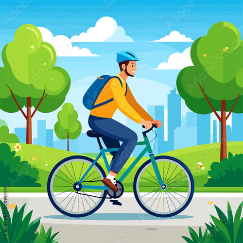 Man on bicycle in park, enjoying a sunny day in the city.