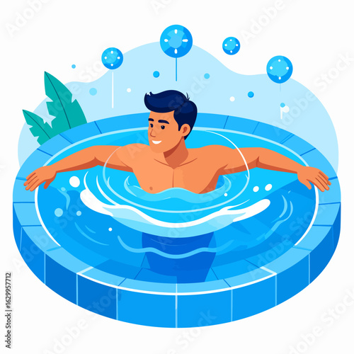 Relaxed man enjoying a soothing hot tub experience, surrounded by calming blue bubbles.