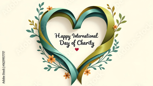 Happy International Day of Charity with Heart Ribbon and Floral Design