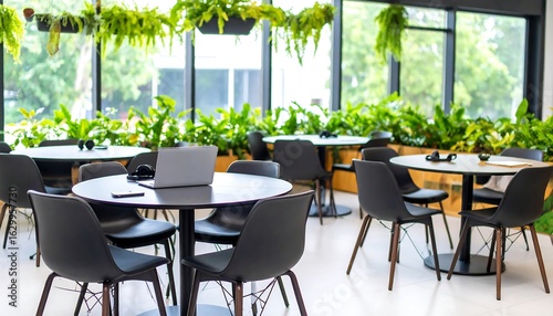 Fototapeta Naklejka Na Ścianę i Meble -  Modern coworking space with biophilic design featuring lush green plants, empty tables, and large windows.