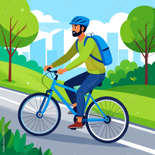 A man with a backpack and helmet rides his bicycle through a park with a city skyline in the background.