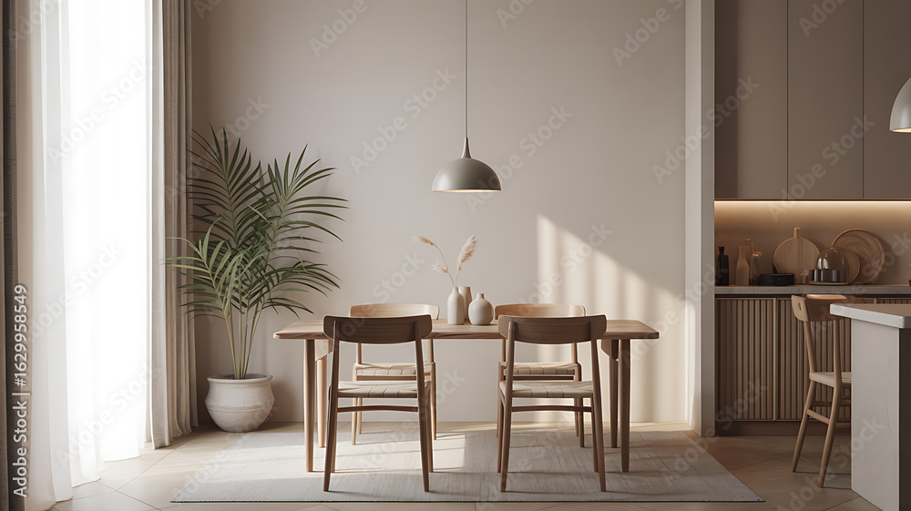 Fototapeta premium Sunlight-filled dining area, neutral tones, simple design. 