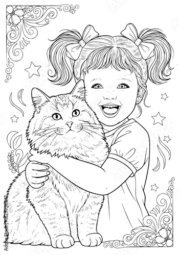 A girl hugs a fluffy cat. coloring book