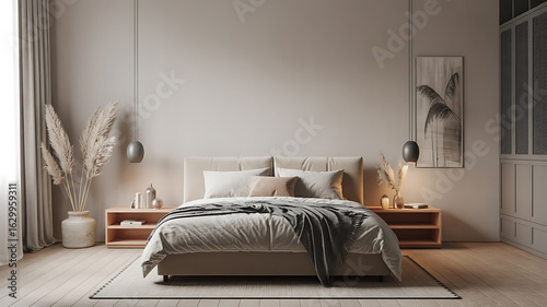 Beige bedroom with a comfortable bed, natural light, and warm decor.
