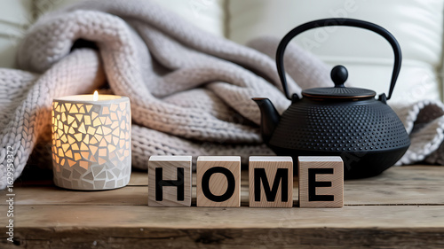 Cozy home scene with candles, blanket, and tea pot.
