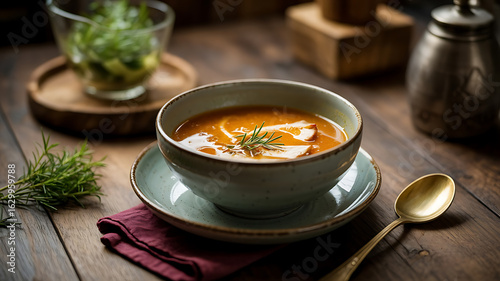 Bowl of creamy orange soup, garnished with dill.
