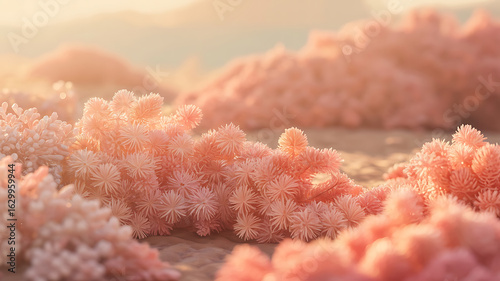 Pink coral clusters on sandy beach.
