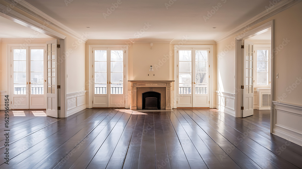 Obraz premium Empty grand room with polished dark wood floors and large windows.