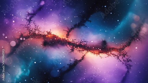 Vast cosmic nebulae, swirling colors, and scattered stars.
